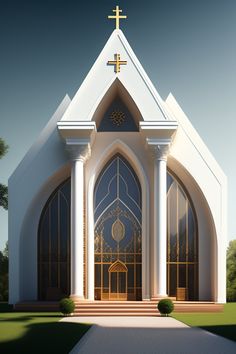 an image of a church with columns and a cross on the front door that is open