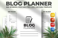 the blog planner is displayed on top of a desk with plants and papers in front of it