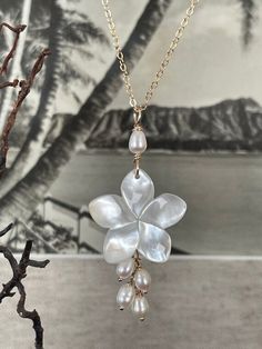 Large White Plumeria and Pearls dangle Necklace White 1" (26mm) Mother of Pearl Plumeria with 5 white freshwater pearls. Each pearl is hand tied to a heart link chain. High quality and luster. The 18" or 20" chain is 925 Sterling Silver or 14K Gold filled flat shiny cable chain  The drop is 2.25" There are also many matching white plumeria earrings sold separately.  Thanks for shopping. Mahalo! White Pearl Drop Flower Pendant Jewelry, White Flower Pendant Jewelry With Pearl Charm, White Pearl Drop Flower Pendant Necklace, White Flower Pendant Necklace With Pearl Drop, Anniversary Mother Of Pearl Jewelry With Pearl Chain, White Sterling Silver Dangle Pearl Necklace, White Pearl Necklace With Flower Pendant Gift, White Pearl Necklace With Flower Pendant As A Gift, White Dangle Pearl Necklace For Gift