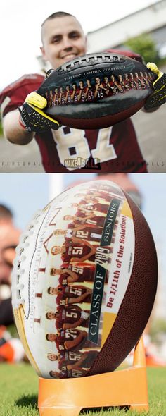 a man holding a football in his right hand and the ball on top of it