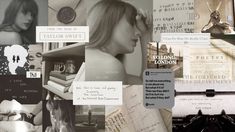 a collage of different images including books, letters, and other things in black and white