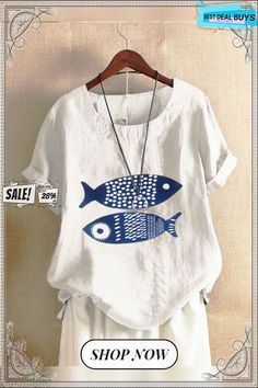 Cotton Crew Neck Loose Printed T-shirt Cartoon Fish, White Top Women, White Shirts Women, Linen Casual, Floral Print Shirt, Fish Print, Trendy Shorts, Floral Print Tops, Vintage Casual