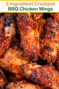 chicken wings with the words 3 ingredient crockpot bbq chicken wings