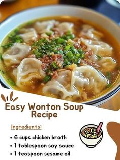 a bowl of wonton soup with broccoli in it