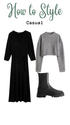 Sweater Over Black Dress Outfit, Black Knit Midi Dress Outfit Winter, Knitted Dress And Boots, Cropped Sweater Skirt Outfit, Black Jumper Dress Outfit Winter, Black Knit Midi Dress Outfit, Black Dress Capsule Wardrobe, Black Wool Dress Outfit, Knitted Midi Dress Outfits