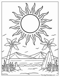 a coloring page with the sun and two palm trees in the foreground, on a beach