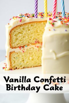 vanilla confetti birthday cake with white frosting and sprinkles