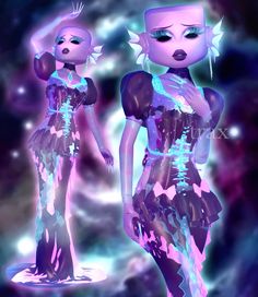 two animated women standing next to each other in front of a star filled space background