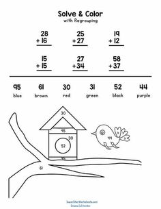 a coloring page with numbers and a bird on a tree branch in front of a house