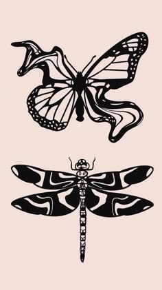 three black and white dragonflys on a pink background, each with different designs