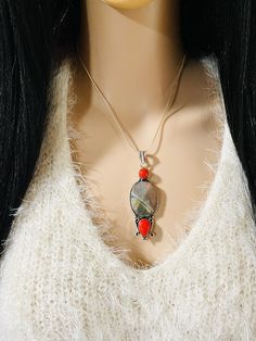 "Gorgeous, one-of-a-kind, big and long, multi gemstone pendant necklace: natural raw/rough Jasper, and red coral, set in 925 sterling silver plated over copper. 16\" inches long 925 solid sterling silver snake chain. Pendant size: 3\" x 1\" inches, approximately." Unique Red Coral Necklace For Gifts, Artisan Red Coral Jewelry For Gifts, Red Coral Pendant Necklace As Gift, Unique Necklaces With Rectangular Natural Stone Pendant, Artisan Red Coral Jewelry Gift, Unique Red Jewelry With Large Stone, Red Coral Pendant Necklace For Gift, Silver Red Coral Necklace As Gift, Red Coral Pendant Jewelry For Gift