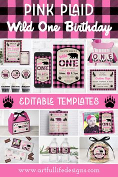 Pink buffalo plaid wild one girl's birthday party template set. Pink Birthday Theme, 1st Birthday Celebration, Wild One Party, Lumberjack Birthday, Wild One Birthday, Wild One Birthday Party, 1st Birthday Themes, Birthday Party Printables, Girl Birthday Themes