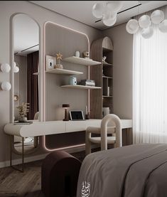 a bedroom with a bed, desk and mirror in it's centerpieces