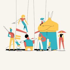 an illustration of people hanging from strings in the air