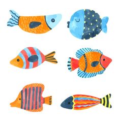 four different colored fish on a white background