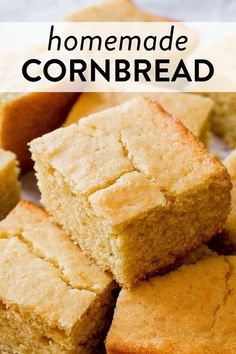 homemade cornbread cut into squares on a white plate with text overlay that reads, homemade cornbread