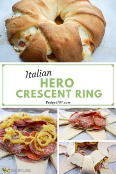 italian hero crescent ring with cheese and meats on it, surrounded by other ingredients