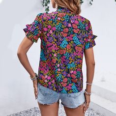 Women's 2024 Floral Blouse Summer Casual Boho Short Sleeve T-shirt Non-stretch Short Sleeve Tops For Summer, Spring Short Sleeve Non-stretch T-shirt, Non-stretch Short Sleeve Summer Shirt, Casual Non-stretch Short Sleeve Tops, Casual Non-stretch Short Sleeve Shirt, Trendy Non-stretch Short Sleeve Tops, Non-stretch Black Short Sleeve Top, Multicolor Crew Neck Blouse With Relaxed Fit, Trendy Non-stretch Printed Tops