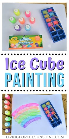 an ice cube painting project for kids with text overlay that says, ice cube painting