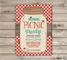 a picnic party flyer with a mason jar on it