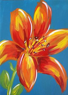 a painting of an orange flower on a blue background