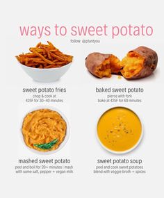 the different types of sweet potatoes are shown in this poster, which shows how to cook them