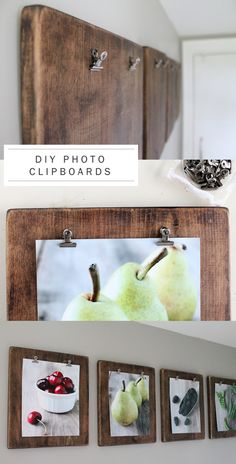 the diy photo clipboard is hanging on the wall next to some fruit and vegetables