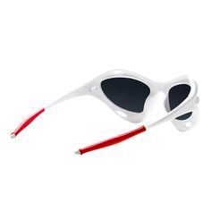 a pair of white sunglasses with red trim and black lenses on the bottom half of it