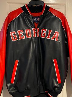 Georgia Bulldogs Faux Leather Material New Carl  Banks G-111 official football jacket zipper front Sporty College Outerwear With Zipper Closure, Sporty Zipper Closure Outerwear For College, Sporty Outerwear With Zipper Closure For College, Casual Leather Jacket For College, Sporty Leather Jacket For College, Football Jacket, Georgia Bulldog, Football Jackets, Jacket Zipper