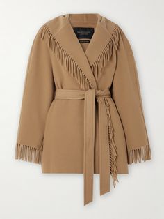 Balenciaga's jacket is traced with swishy fringing that gives it a cool bohemian feel. It's crafted from soft wool and has a shawl-inspired collar with a hood at the back. Wear yours with relaxed denim and the label's 'La Cagole' bag. Elegant Winter Outerwear With Tassels, Fringed Wool Outerwear For Fall, Wool Fringe Outerwear For Fall, Fall Wool Outerwear With Fringe, Fall Outerwear With Tassels For Work, Fall Workwear Outerwear With Tassels, Balenciaga Jacket Women, Balenciaga Belt, Balenciaga Jacket