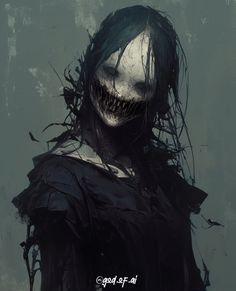 a creepy looking woman with black hair and fangs on her face is standing in front of a gray background