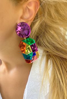 A handmade pair of clip on earrings that is made from different pieces of plexiglass in rainbow colors that is connected by hand with every detail. Find them only at Christina Christi Store. My Earrings Collection: https://etsy.me/2UiXmKR MATERIALS - Plexiglass Parts. - Metal Parts. - Clip On Earrings. DIMENSIONS - Total length of Clip On Earrings: 8 cm (3,14'') - Total length of Clip On Earrings: 3.5 cm (1.37'') PROTECTION - Protect them from water, parfumes, hair and body lotion to keep them b Vibrant Rainbow Dangle Earrings, Multicolor Party Earrings, Unique Dangle Clip-on Earrings For Party, Handmade Trendy Clip-on Earrings For Party, Unique Drop Clip-on Earrings For Party, Unique Clip-on Drop Earrings For Parties, Multicolor Dangle Earrings For Party, Bohemian Multicolor Clip-on Earrings For Gift, Bohemian Multicolor Clip-on Earrings As A Gift