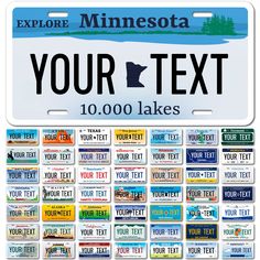 minnesota license plates with the words your text is in different colors and sizes, along with an image of a lake