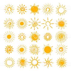 an orange and white poster with different types of suns on it's sides