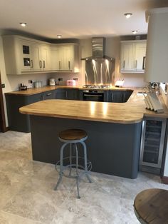 a kitchen with an island and stools in it