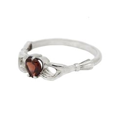 Claddagh Heart Genuine Garnet Sterling Silver Engagement Ring◆ The Claddagh ring has centuries of history, but today it symbolizes three things: friendship, loyalty and love. A beautiful small women ring with black heart zircon on the top. Two skeleton hands hold the black heart from different sides. Perfect fit for engagement or wedding in gothic style occasion. Simple design make it very comfortable and convenient for wearing everyday. We did blacked oxidation on the top and black zircons inse Gothic Rings For Valentine's Day Gift, Valentine's Day Gothic Rings As Gift, Gothic Heart-shaped Anniversary Jewelry, Classic Heart Ring With Birthstone For Gift, Classic Birthstone Heart Ring Gift, Classic Heart-shaped Birthstone Ring Gift, Indigo Jewelry, Measure Ring Size, Claddagh Ring