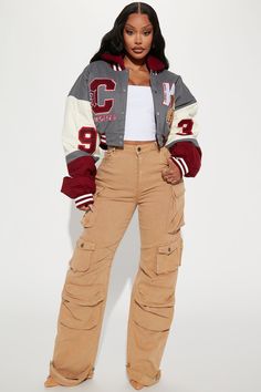 Varsity Jacket Cropped, Hood Outfits, Thanksgiving Fit, Cute Baddie Outfits, Baddie Fashion, Coach Outfits, Embroidery Placement, Fashion Assistant, Varsity Jacket Outfit