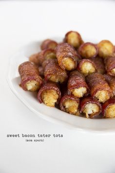 a plate full of bacon tater tots on a white table with the words sweet bacon tater tots