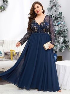 Plus Contrast Sequin Surplice Front A-line Dress | SHEIN USA Evening Gowns Plus Size Formal, Evening Dresses Plus Size Classy, 2xl Women Plus Size Outfits, Plus Size Gowns With Sleeves, Gowns For Plus Size Women, Plus Size Gala Dress, Elegant Plus Size Dresses, Formal Dresses Plus Size