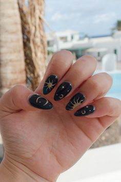 sun stars and moon nails - Green and Gold 🌑 Nails With Gold Stars And Moon, Short Nails Celestial, Lunar Nail Art, Celestial Gel Nails, Gray Star Nails, Cute Moon Nails, Sun And Star Nails, Moon And Sun Nail Designs