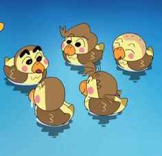 several cartoon ducks sitting in the middle of a blue background