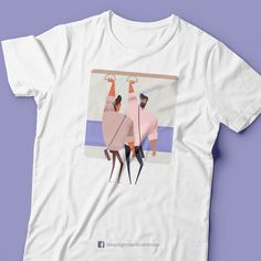 a white t - shirt with an image of two people hanging on the clothes line