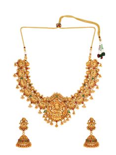 Gold-Toned & Plated Temple Choker Jewellery SetSecured with a drawstring closureA pair of gold-toned & plated jhumkas, has post and back closure Necklace Length - 22 cms, Earrings Length - 4 cms Material: BrassPlating: Gold-platedStone type: Pearls Care Instructions: Wipe your jewellery with a soft cloth after every use Always store your jewellery in a flat box to avoid accidental scratches Keep sprays and perfumes away from your jewellery Do not soak your jewellery in water Clean your jewellery Temple Motifs, Choker Jewellery, Anarkali Lehenga, Wedding Jumpsuit, Jewelry Cleaning Solution, Jewelry Choker, Contemporary Outfits, Jewellery Set, Dress Jewelry