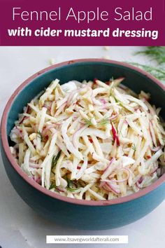 For an easy fennel salad recipe, look no further than this fresh slaw made with apples, dill, pine nuts, red onion, and mustard cider vinaigrette! It's a vegan, vegetarian, gluten free, and dairy free side dish perfect for the holidays or fall and winter meals. Fennel Apple Slaw, Fennel Salad Recipes, Apple Salad Recipe, Salad Inspiration