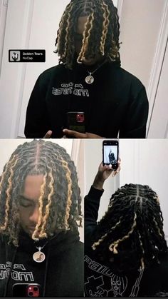 Blonde Loc Highlights, Twist Out Locs Men, Dread Hair Color Ideas Men, Dyed Men Locs, Locs Hairstyles For Man, Mid Taper With Curls, Black Dreads With Blonde Highlights Men, Curly Dreads Men Locs, Dreads With Color Men