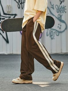 Coffee Brown Casual Collar  Fabric Striped Wide Leg Embellished Slight Stretch All Men Clothing Track Pants Mens Fashion, Sweatpants Outfit Men, Orange Clothing, Men's Retro Style, Men Sport Pants, Drawstring Waist Pants, Sweatpants Style, Sweatpants Outfit, Outfits Hombre