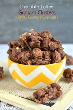 chocolate toffee graham clusters in a yellow and white bowl