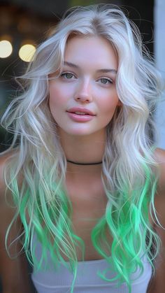 25 Green Hair Colors That Elevate Your Look with Glamour Pop Of Color In Blonde Hair, Green Hair Face Claim, Blonde Hair With Green Highlights, Green And Silver Hair, Green And Blonde Hair, Blonde And Green Hair, Green Blonde Hair, White And Green Hair, Green Hair Color Ideas