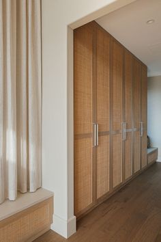 Stunning oak and rattan walk in wardrobe in Kyal and Kara's latest coastal home project. Rattan Wardrobe, Oak Wardrobe, Sage Green Bedroom, Wardrobe Designs, Coastal Home