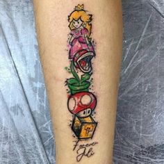 Super Mario Toad Tattoo, Couples Mario Tattoos, Mario Power Up Tattoo, One Up Mushroom Mario Tattoo, Super Mario Sleeve Tattoo, Peach Tattoo